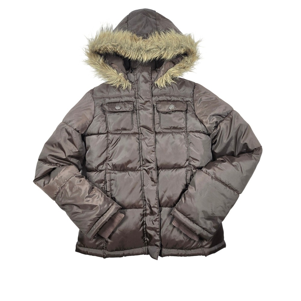 Old Navy Girls XL Brown Puffer Jacket Faux Fur Hood Fleece Lined 775115-00